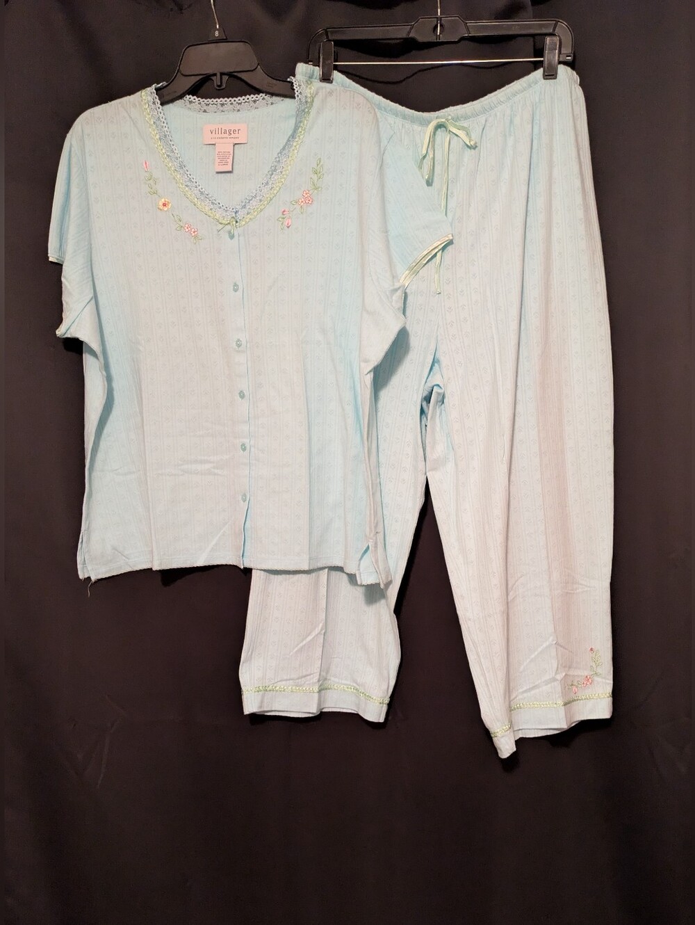 Villager Liz Claiborne Light Blue Floral Embroidered Two-Piece Pajama Set XL